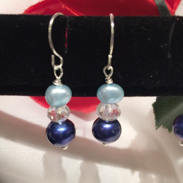 Freshwater Pearl ,dangle Earring Aqua Corn Navy Blue Round Pearl, Swarovski Crystal Silver Plated Bridal Wedding Honora Jewelry Gift E374