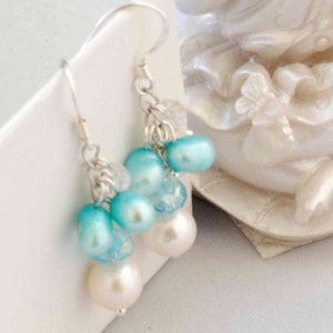 Freshwater Pearl Earrings Turquoise Blue Aque green Swarovski Crystal Sterling Silver Pair---Gift Bridal Bridsmaid flower girl E312