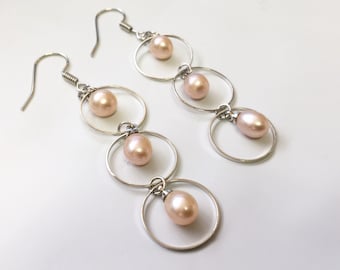 Freshwater Pearl Earrings, pink pearl, Sterling silver earring, dangle earrings, Bridesmaid gift, wedding jewelry
