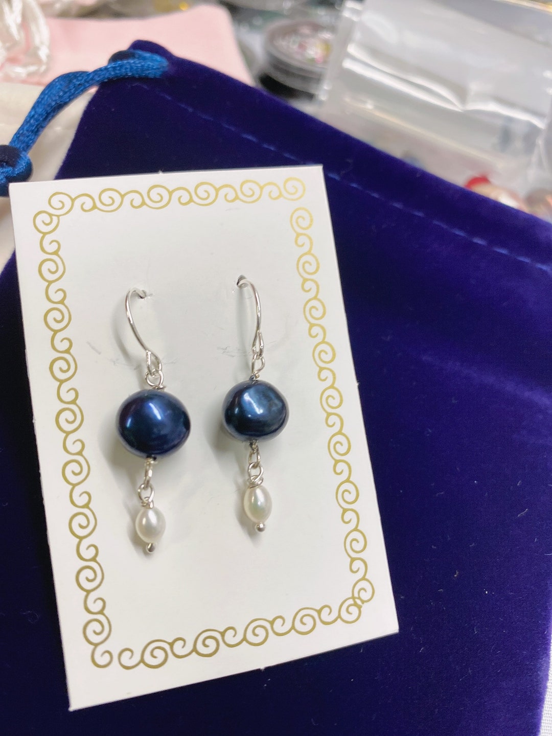 Dainty Dangle Pearl Earring Navy Blue Freshwater Pearl - Etsy