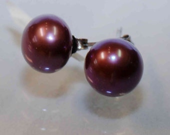 Freshwater Pearl Stud Earrings AAA 8.5-9mm Mulberry Wine Dark Redish purple---Free shipping in US---Perfect Gift