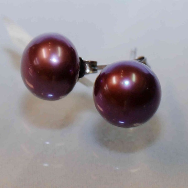 Freshwater Pearl Stud Earrings AAA 8.5-9mm Mulberry Wine Dark Redish purple---Free shipping in US---Perfect Gift