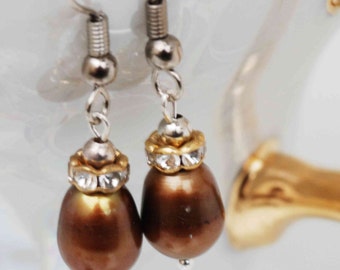 Vintage Brown Teardrop Pearl Earrings: Crystal Silver Bridal Jewelry