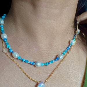 Blue choker necklace, Beads and baroque Freshwater pearl handmade colorful Necklace,  dainty pearl beads necklace, Gold silver jewelry #N167