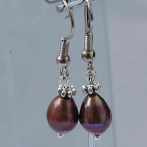 Freshwater Pearl Earrings ----SPECIAL Coffee Brown----Teardrop Freshwater Pearl with Tibet Silver Earring Pair---Perfect Gift E316