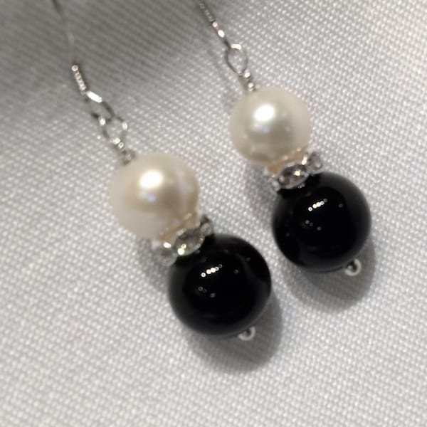 Freshwater Pearl Agate Earrings Ivory White with Black onyx 925 Sterling Silver Earring Classic Bridal Wedding Jewelry Free shipping