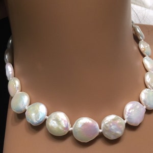 Genuine Freshwater Pearl Natural Pearl Necklace Large 12-13mm Coin pearl Ivory White knotted Necklace, wedding jewelry gift---- N156