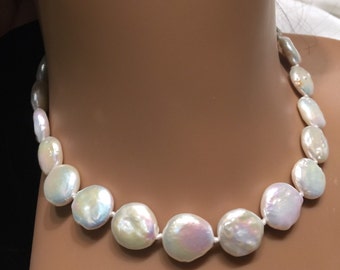 Large Coin Pearl Necklace: 12-13mm Ivory White Freshwater Pearl, 18k Gold Plated