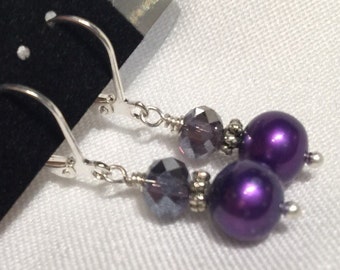8mm Deep Purple Pearl Earrings: Swarovski Crystal, Silver Plated