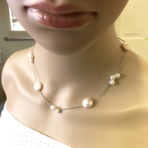 Süßwasserperlenkette, mehrere Perlenhalskette, natürliche Champagner Münzperle, Elfenbein weiße Perle, Sterling Silber Halskette N206