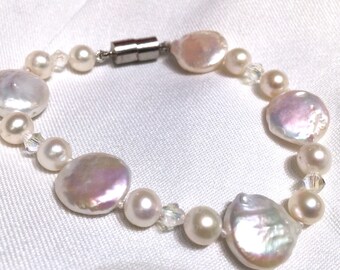 Freshwater Pearl Natural Pearl Bracelet Multi size Ivory White pearl with Swarovski Crystal--- Free Shipping B226