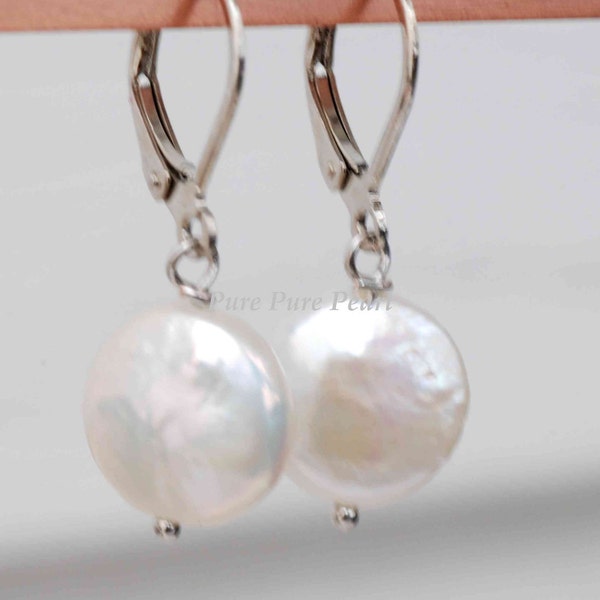 Quality AA 12-13mm natural White Ivory Freshwater coin Pearl Earrings set---Gift Classic Love Bridal Wedding  Jewelry