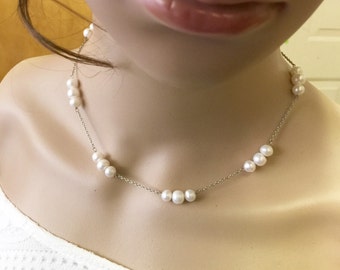 Freshwater Pearl Necklace, Multiple Size Pearl Necklace, Ivory White Round Off Pearl Necklace, sterling silver Necklace---Free Shipping N202