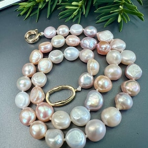Baroque Freshwater Pearl Necklace: 14k Gold Filled Clasp, Champagne Peach Lavender