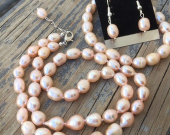 Pink Freshwater Pearl Jewelry Set: Baroque Bridal Necklace, Earrings, Bracelet