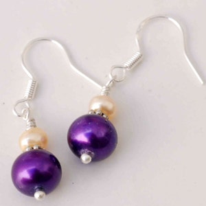 Freshwater Pearl Earrings 8-9mm deep PURPLE Dangle sterling silver---Free shipping in US----Gift Classic Love Bridal Wedding Jewelry E359