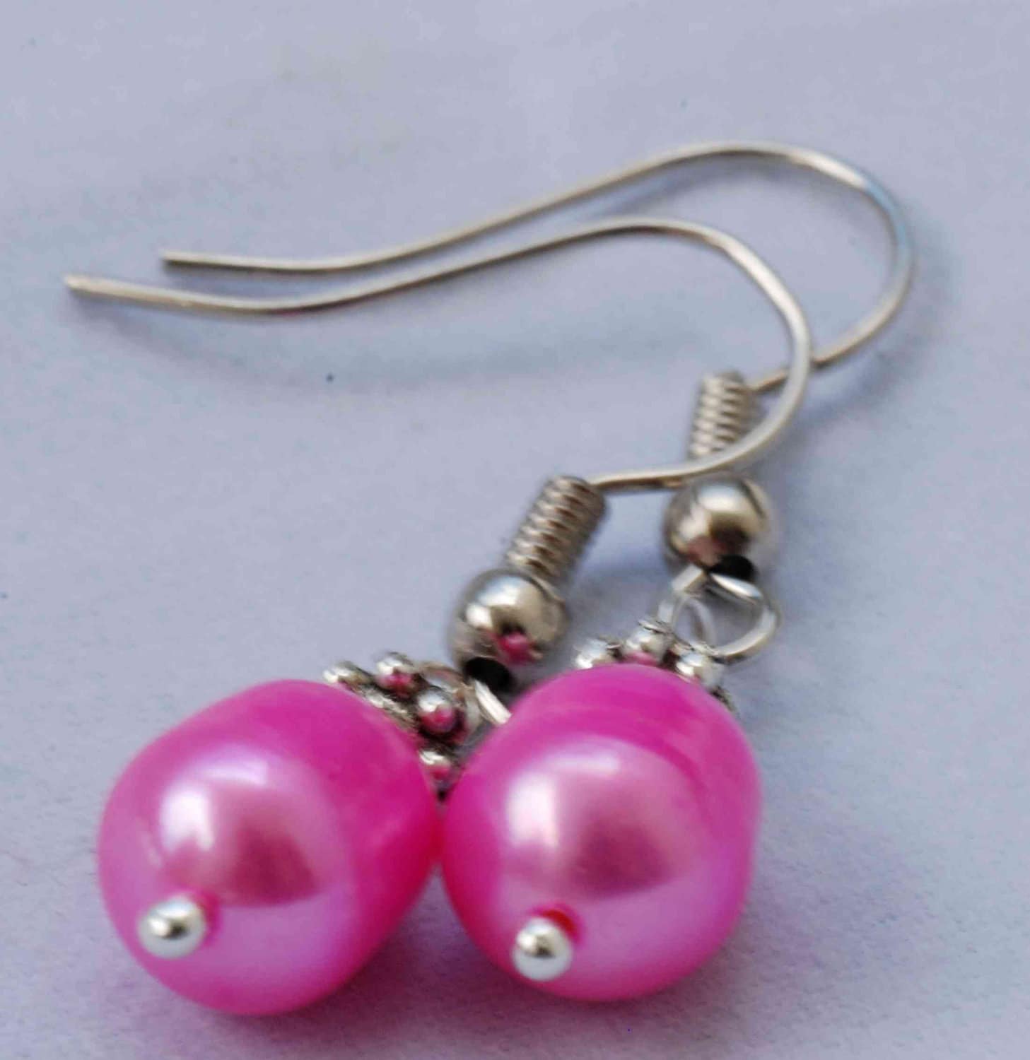 Pink Teardrop Pearl Earrings: Tibet Silver Dangle