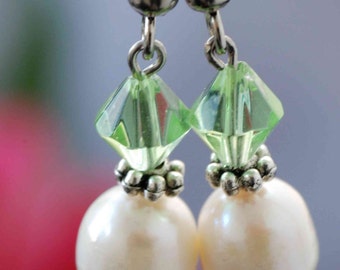 Freshwater Pearl Earrings: Green Crystal & Tibet Silver Dangle