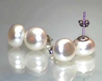 AAA 8-8.5 White round Freshwater Pearl Stud Earrings: Sterling Silver Bridal Jewelry classic gift