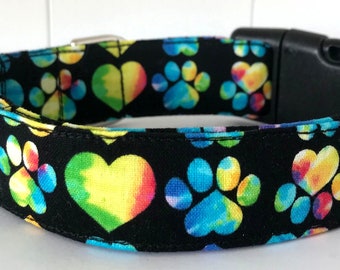Tie Dye Hearts and Paw Prints Dog Collar Size XS, S, M or L