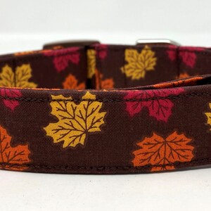 Könnte beinhalten: Ein braunes Hundehalsband mit einem Muster aus bunten Herbstblättern. Das Halsband hat eine silberne Schnalle und einen braunen Kunststoff-Schieber.