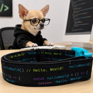 Op de afbeelding: Een zwarte halsband voor huisdieren met een herhalend patroon van kleurrijke programmeercode, waaronder "Hello, World!" en "const helloWorld", voorzien van een felblauwe plastic kliksluiting voor een hond of een kat.