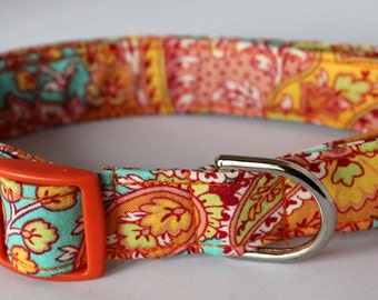 Aqua Orange Peach and Yellow Paisely Dog Collar Size XS, S, M or L