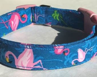 Hundhalsband med flamingos och palmer, storlek XS, S, M eller L
