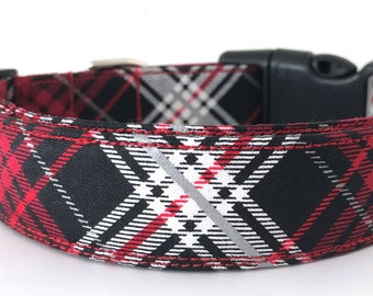 Mad for Plaid Red, Black, White and Gray Dog Collar Size XS, S, M or L