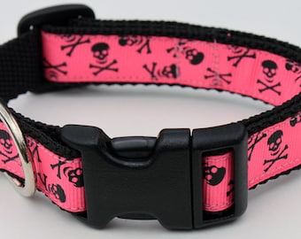 Pink and Black Skulls Dog Collar Skeleton Ribbon Size Small or Extra Small