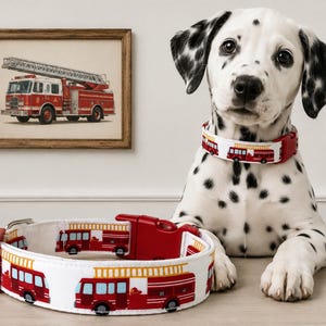 May include: A white dog collar featuring a repeating pattern of red fire engines with yellow ladders. The collar includes a red plastic side-release buckle and a metal D-ring. The design is consistent across the collar worn by a Dalmatian puppy.