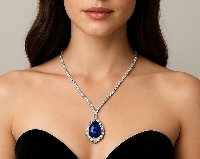 A++ Tanzanite necklace 16.95 CT Tanzanite 6.82 CT Diamond 18K White Gold Necklace, AAA Pear Tanzanite Statement Pendant, New with Report