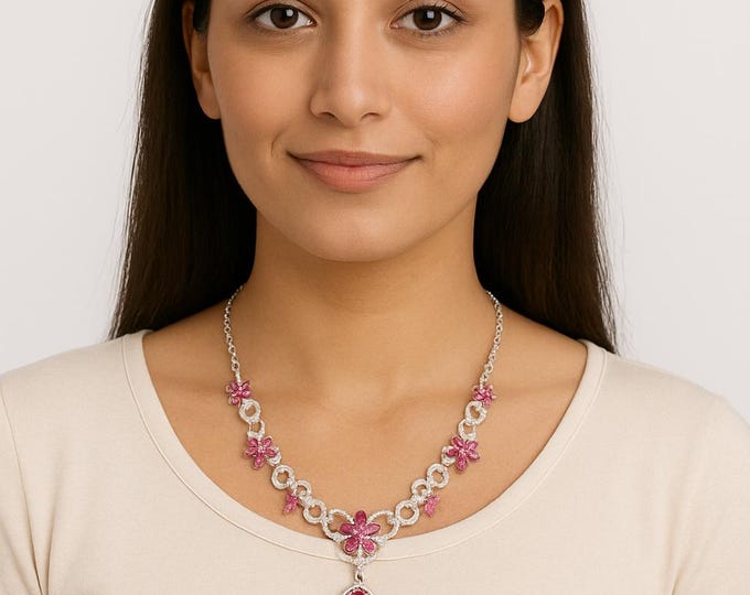 Ruby and Diamond Necklace Set: 14K White Gold Bridal Jewelry