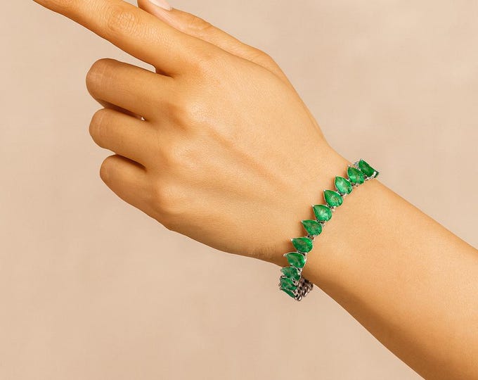 78ct Emerald Diamond Tennis Bracelet 18k White Yellow Gold 7 Pear Cut Green Emeralds Round Marquise VS-SI Emerald Bracelet Gold Fine Jewelry