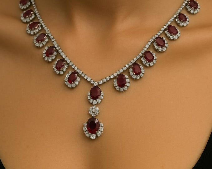 Luxury Ruby & Diamond Necklace – 18K White Gold, 62.92 CTW, Natural Rubies Brilliant Diamonds, Statement Bib Necklace, Fine Jewelry Gift