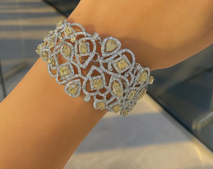 Large 23.51Ct White & Fancy Yellow Diamond Love Bangle Bracelet | 18K Two Tone Gold Heart Design Luxury Fine Jewelry
