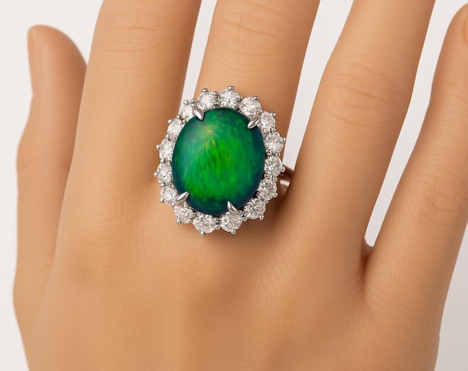 7.55ct Black Opal Diamond Cocktail Ring | Platinum Cabochon Opal Halo Ring | Platinum Engagement Ring Fine Opal Jewelry Authentic Opal Ring