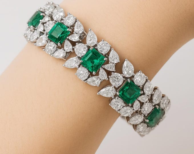 Natural Colombian Emerald Bracelet 29.73 Ct in 18K White Gold | Vivid Green Emerald Cut Gemstone Wrap Bangle | Luxury Fine Jewelry