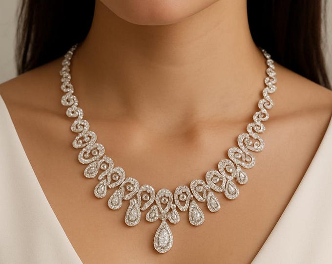 23.10 Ct Oval Diamond Filigree Curve Cluster Graduated Necklace Natural SI3 H Diamonds 18K white gold Diamond necklace Heirloom necklace