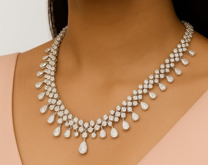 Natural 50.46CT Pear Diamond Collar Necklace | 18K White Gold | SI/H Diamonds | Bridal Statement Necklace | Anniversary & Wedding Jewelry