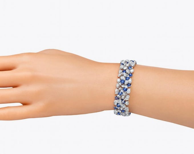 32.60ct Natural Blue Sapphire Bracelet 18k White Gold Round Cut Wrap Style Signed Handmade Fine Jewelry Luxury Gift