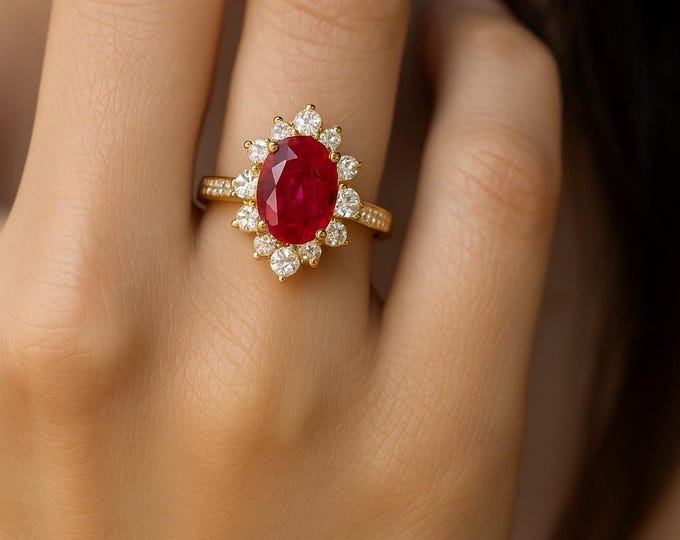 Ruby Diamond Halo Ring 18K Yellow Gold | 2.14ct Natural Ruby & Diamond Engagement Ring | Fine Handmade Bridal Anniversary Jewelry For Gift