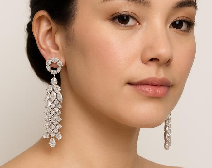 Pear & Round Diamond Chandelier Earrings in 18K White Gold 30.ctw Luxury Statement Earrings Bridal Drop Earrings, Diamond Halo Stud Earrings