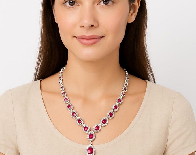 Diamond & Ruby Bridal Necklace 14k White Gold Statement Necklace  70.15 TCW Diamond Ruby Oval Gemstone Necklace 14k White Gold Ruby Necklace