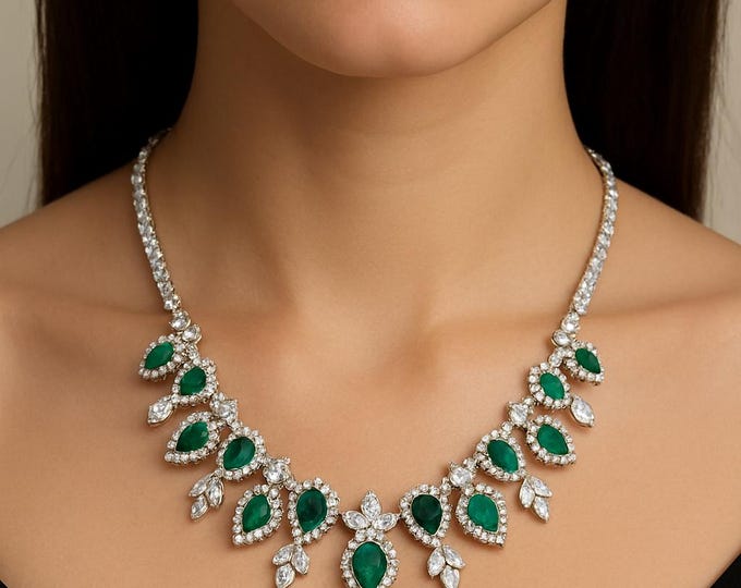 Green Emerald  Diamond Bib Necklace – 18K White Gold Luxury Statement Jewelry, 19.77 CTW Natural Emerald & Diamond Festoon Necklace Gift