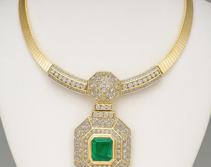 Diamond Colombian Emerald Amulet Necklace | Bib Choker in 14K Gold | Natural Emerald & Diamond Statement Necklace | Luxury Fine Jewelry