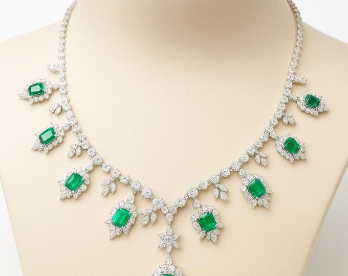 44.74ct Zambian Emerald & Natural Diamond Collar Necklace in 18K White Gold | 26.23ct H/SI Diamonds + 18.51ct Emerald  Luxury Fine Jewelry