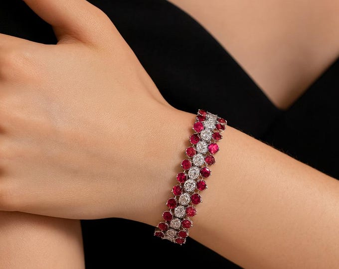 41.10ct Natural Red Ruby Bracelet 18k White Gold Octagonal Cut Signed Tennis Fine Jewelry Adjustable Luxury Gift