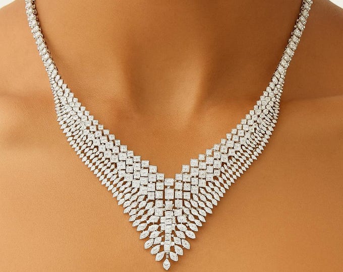 20.63 Ct SI/H Real Pave Diamond Collar Necklace | 14k White Gold Fine Jewelry for Her | Luxury Pavé Diamond Necklace, Slightly Included