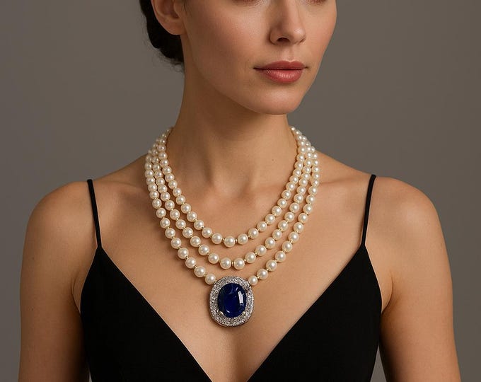 Exquisite Pre-Owned Tanzanite, Diamond & Pearl Choker, 18K White Gold Necklace, 30ct Natural Tanzanite, 6ct Diamond Tanzanite necklace